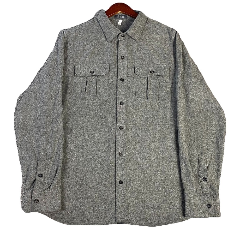 Ibex OD Heather Wool Button Down Shirt Men's Gray Stretch Outdoor Hiking L